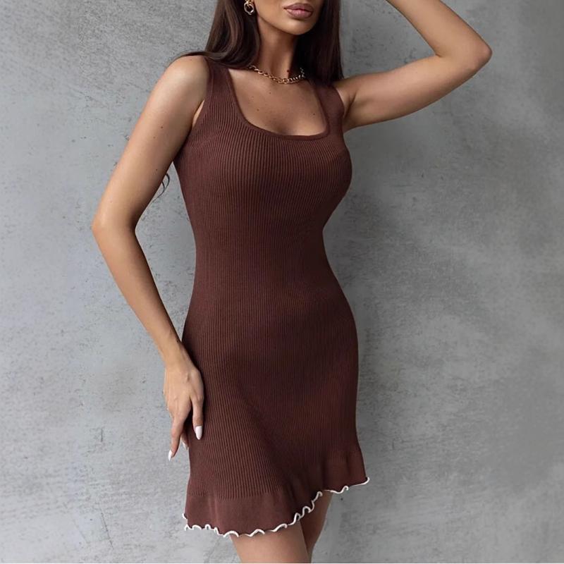 European and American Spring and Summer Temperament Solid Color Round Neck Sleeveless Wavy Rolled Edge Slim Fit Dress