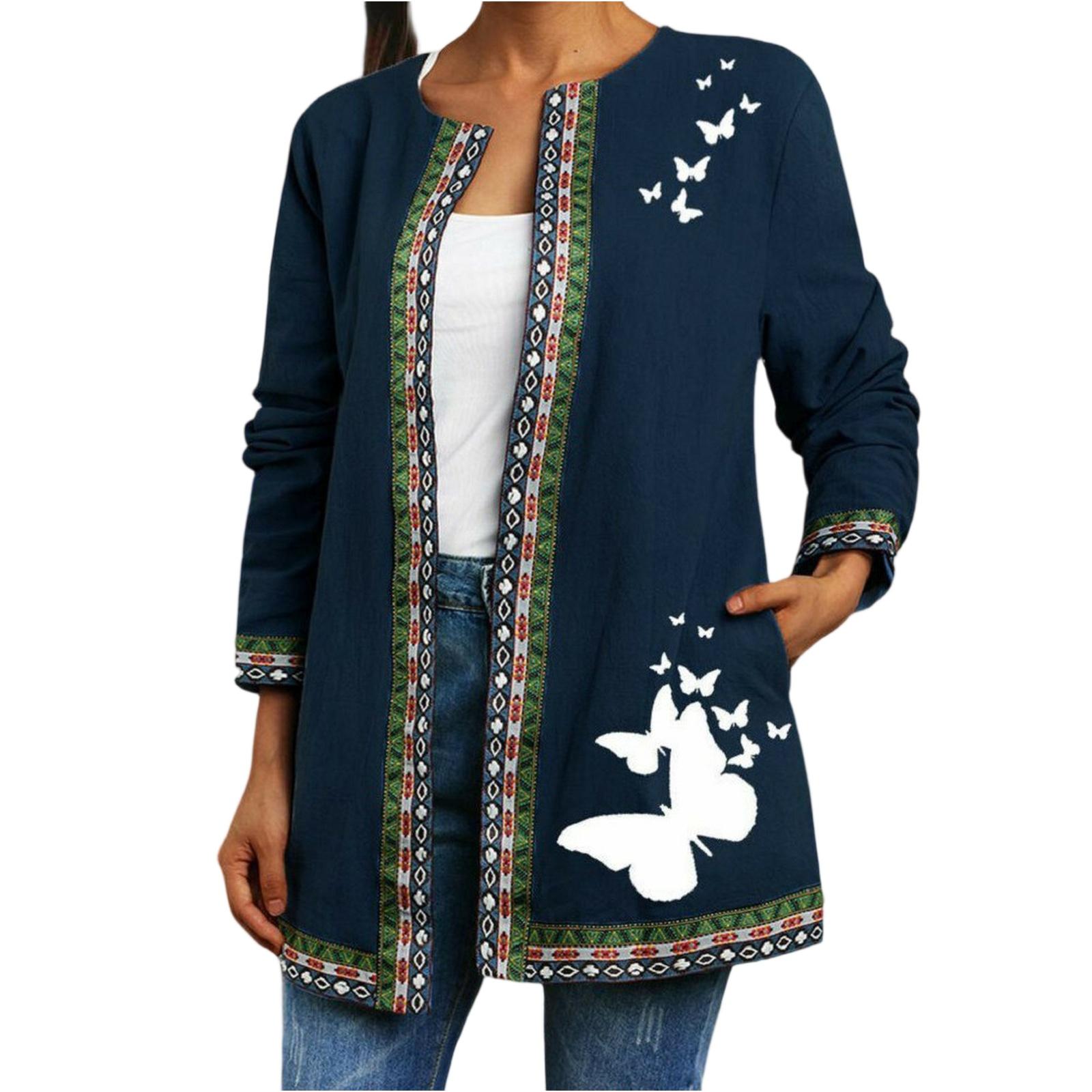 

Women’s Vintage Ethnic Style Printed Long Sleeve Jacket Open Front Cardigan with Butterfly Pattern and Decorative Trim XXL синій