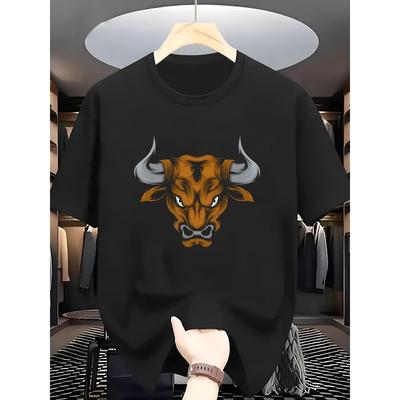 European Sizes Men'S Bull Skull Print Round Neck Short Sleeve T-Shirt Individual Trendy Men'S Top Comfortable Casual Short-Sleeved In Summer