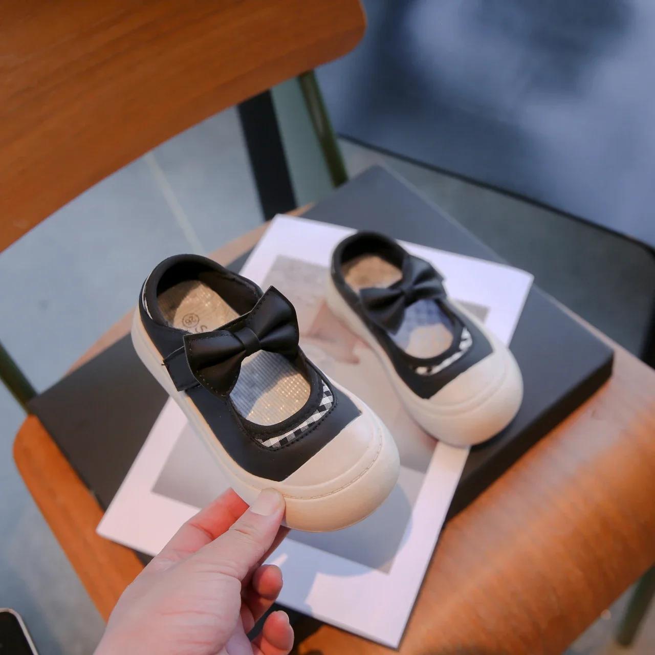 

Kids Fashion Princess Shoes Round Toe Girls Versatile Casual Shoes with Sweet Bow 2024 New Checkerboard Flat Shoes Soft Sole 23 чёрный