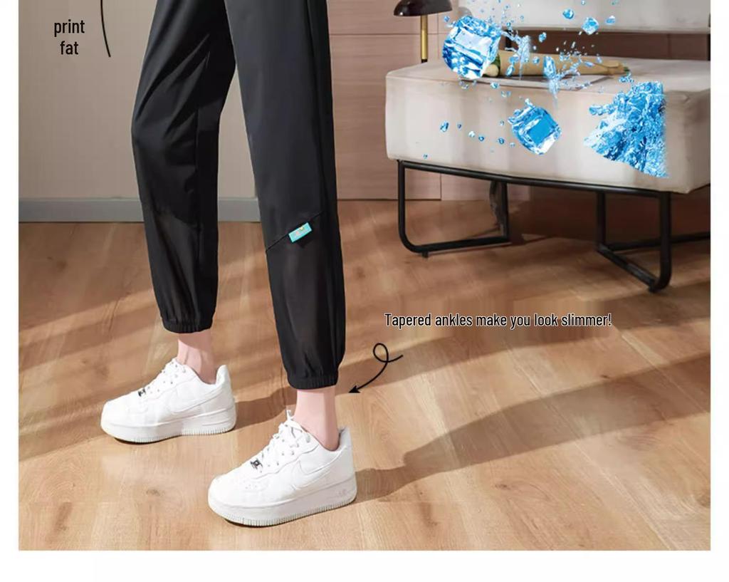 Women's Quick-Dry Ice Silk Drawstring Harem Pants - Loose, Cuffed, Slimming Nine-Point Running & Fitness Pants for Summer