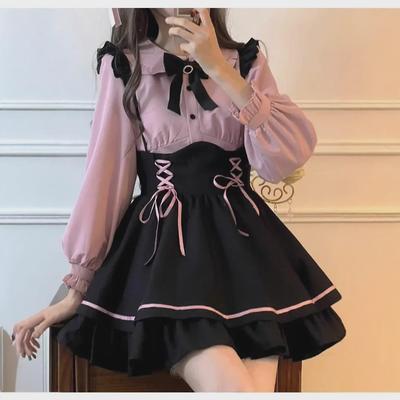 Sweet Japanese Lolita Princess Dress: Spring/Autumn Two-Piece Suit with Shirt and Suspender Skirt