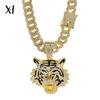 Kubanische Halskette Legierung Vollbesetzt mit Diamanten Tigerkopf-Anhänger, Hip-Hop Streetstyle Accessoire