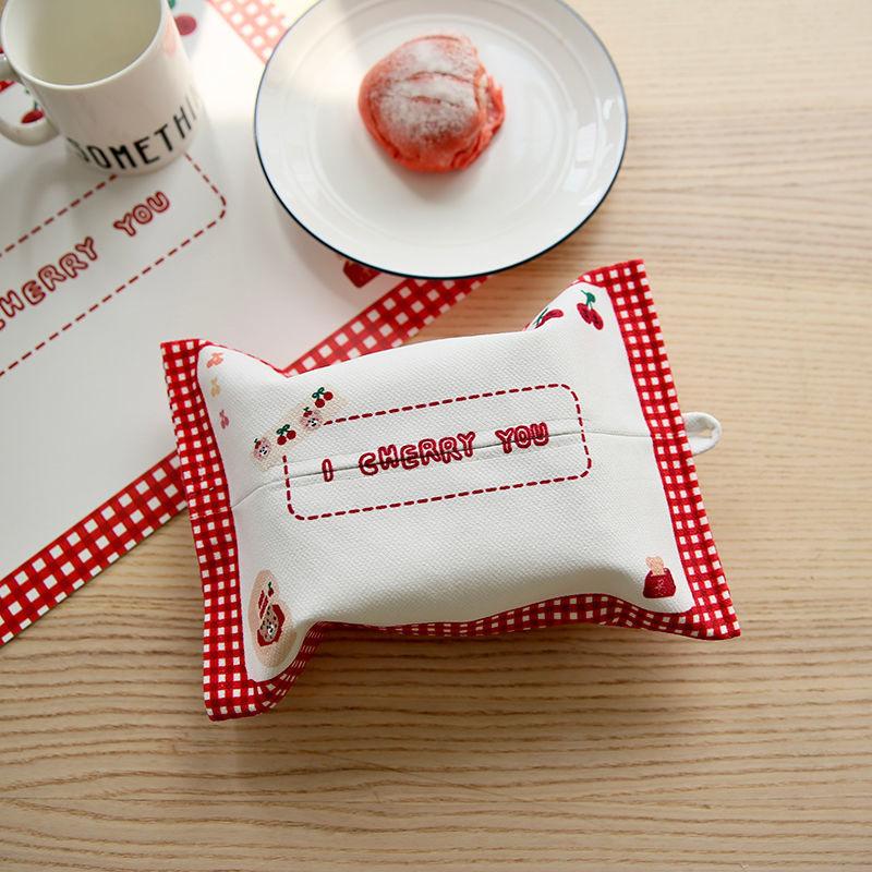Cute Cartoon Bear Cherry Pattern Fabric Tissue Bag Hanging Linen Tissue Box Cover For Car Home And Travel Use Desktop Organizer