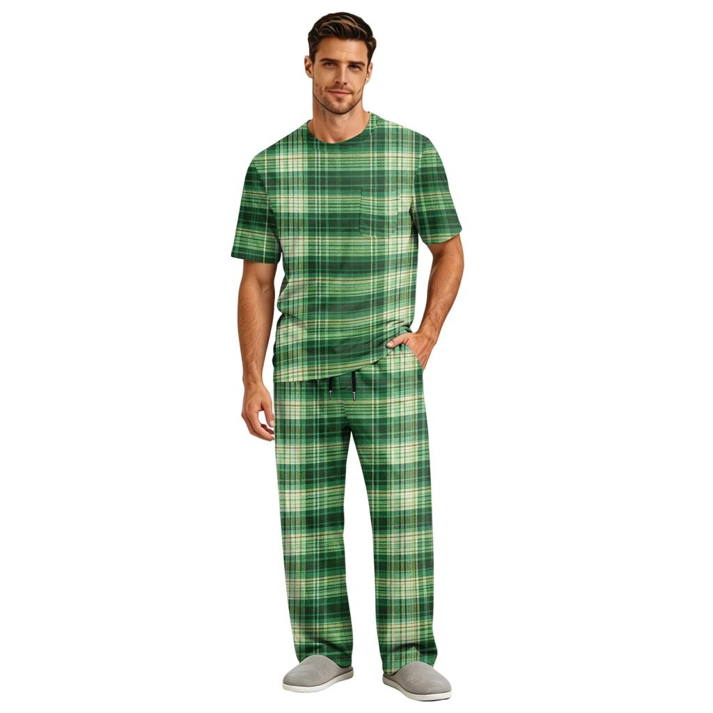 Men's Short Sleeve Pajama Set with Button Fly and Elastic Drawstring Waist for Sleepwear