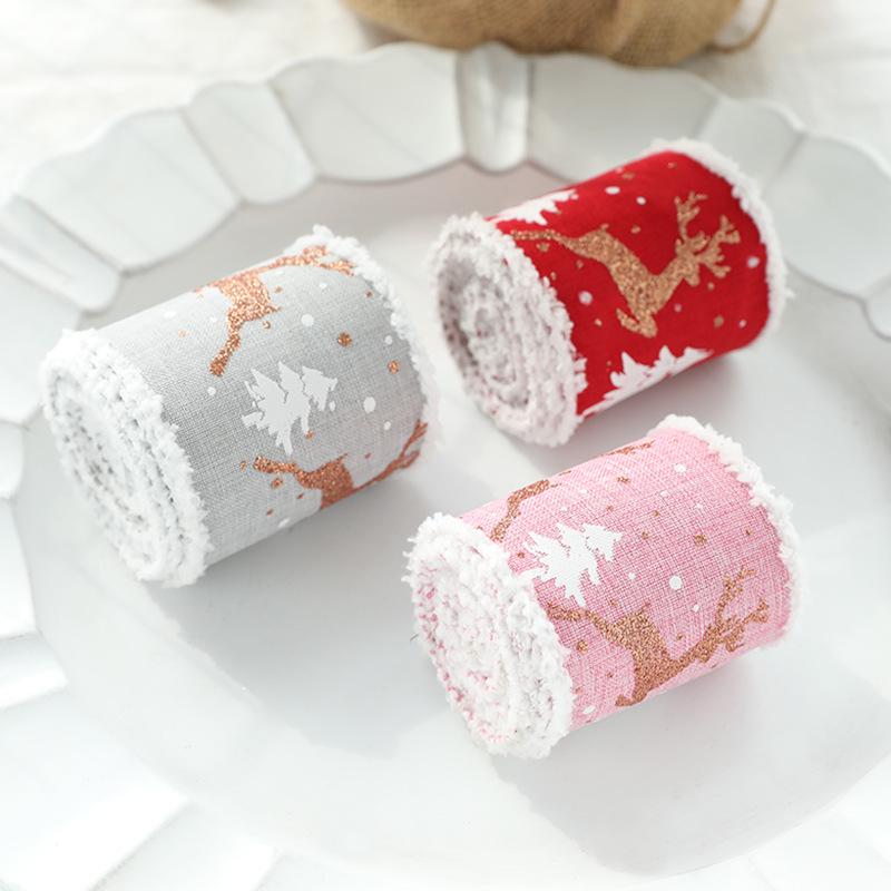 Cross-border Christmas Ribbon: White Plush Edge with Reindeer Design for Gift Box Packaging and Decoration with Gift Ribbon.