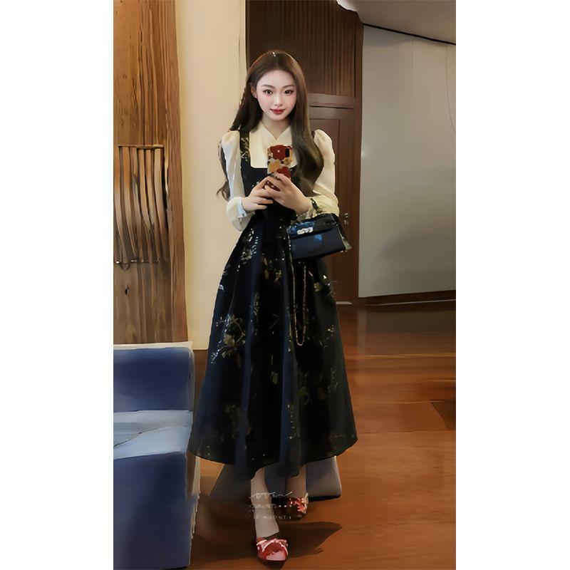Women's Autumn High-End Black Chinese Style Two-Piece Long Dress Set