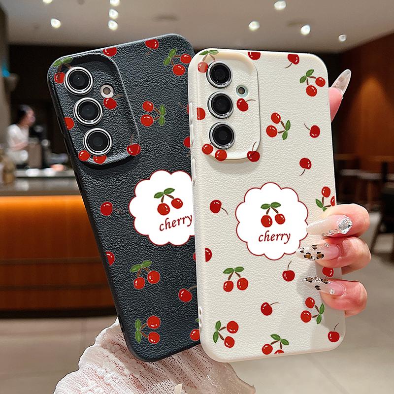 Cute Cherry Print Matte TPU Leather Texture Phone Case For Samsung S25 Ultra S24 FE S23 S22 S21 A56 A36 A16 A55 A35 A26 A15 Shockproof Soft Slim Cover