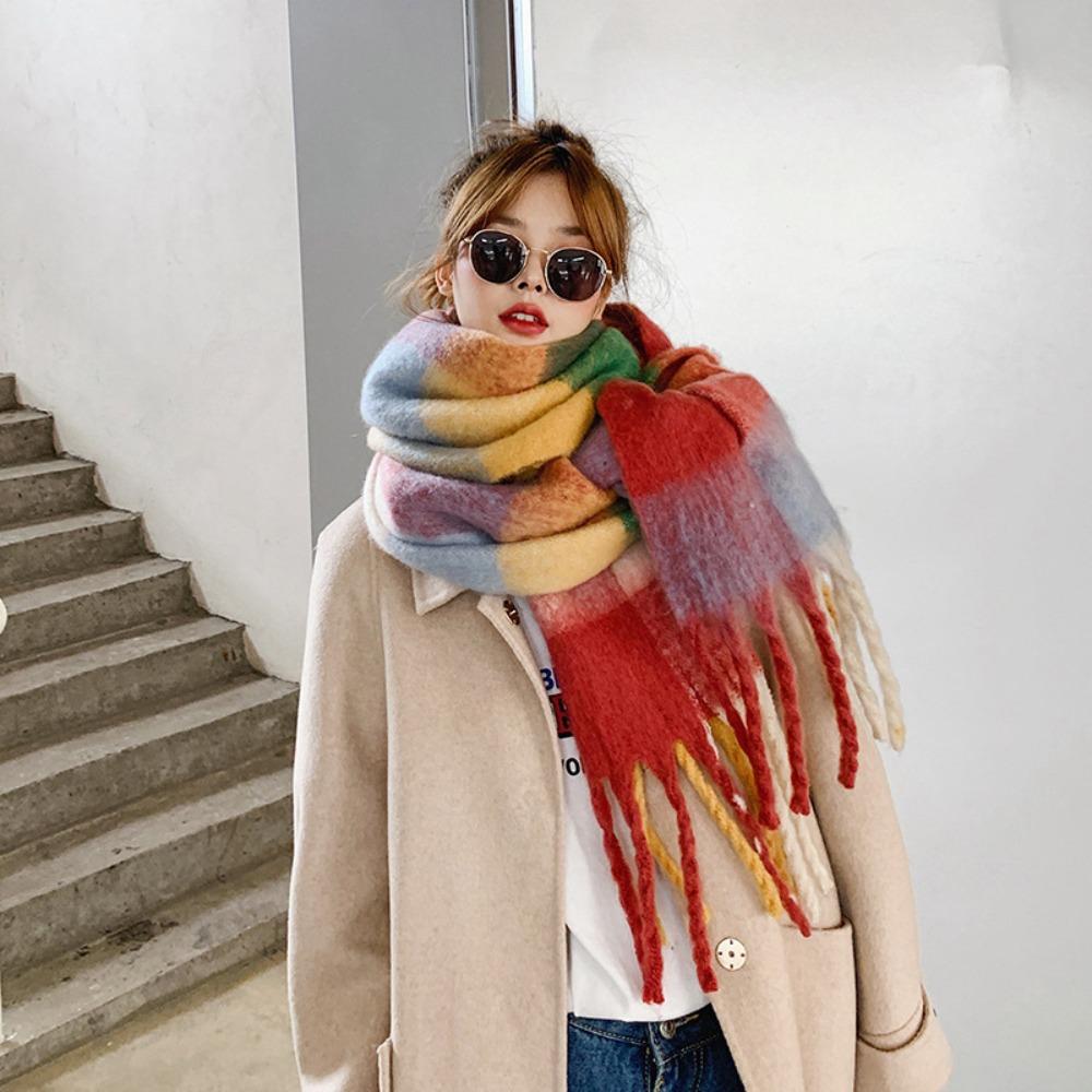Long Tassel Cashmere Scarf Female Korean Style Rainbow Winter Plaid Shawl 2023 Thickened Scarf