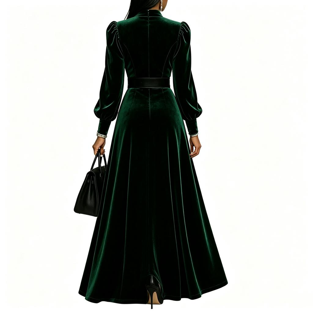 Women's Casual Fashion Velvet Dress Long Sleeve V-Neck Color for Daily Wear