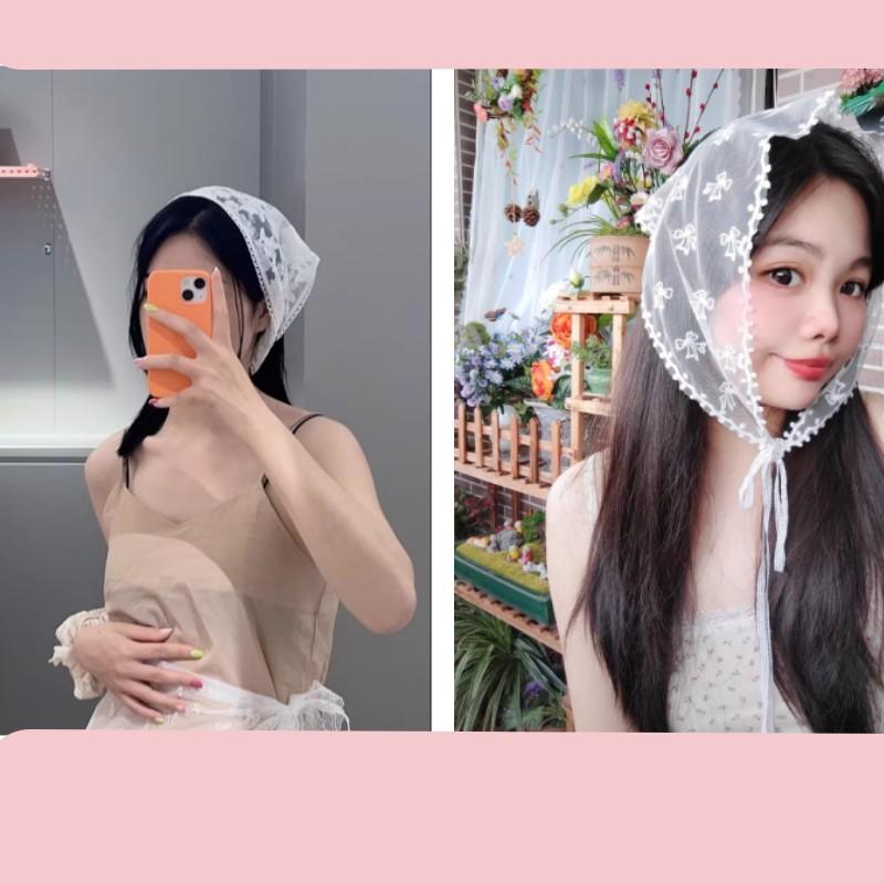 Summer White Woven Floral Lace Hair Scarf Wraps Women Retro Triangle Headscarf Hat Travel Photo Headband Hair Accessories INS