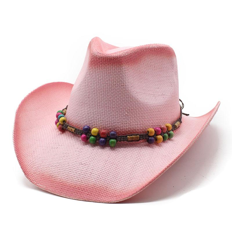 Pink Spray Paint Colored Wood Bead Straw Hat Ethnic Style Handmade Sun Hat Rolled Brim Warped Edge Western Denim Straw Hat