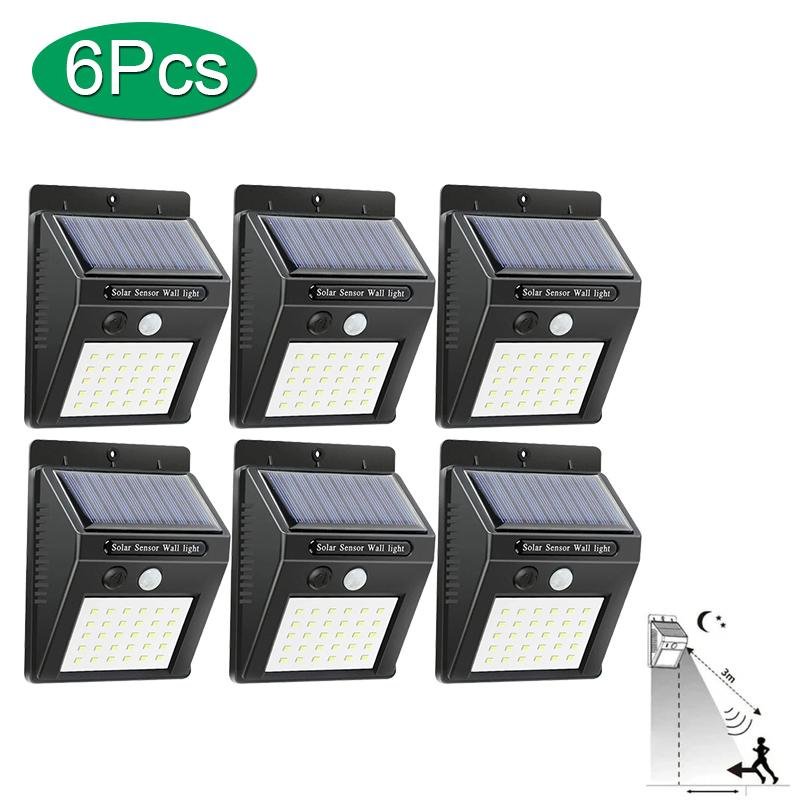 

30 светодиодных солнечных ламп с датчиком движения PIR, настенный светильник, уличный солнечный светильник, водонепроницаемый солнечный уличный светильник с питанием от солнечных батарей, декор для сада 6PCS чёрный