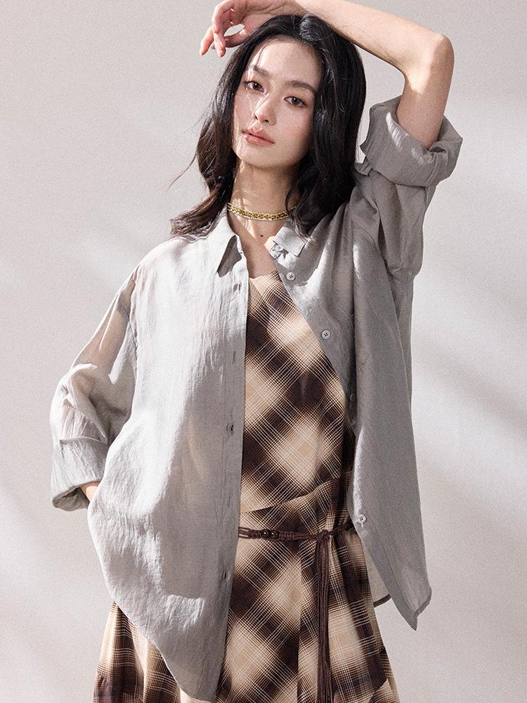 Shengdu Spring 2026 Korean Minimalist Tencel Purple Two-Way Wear Shirt Top One Size серый