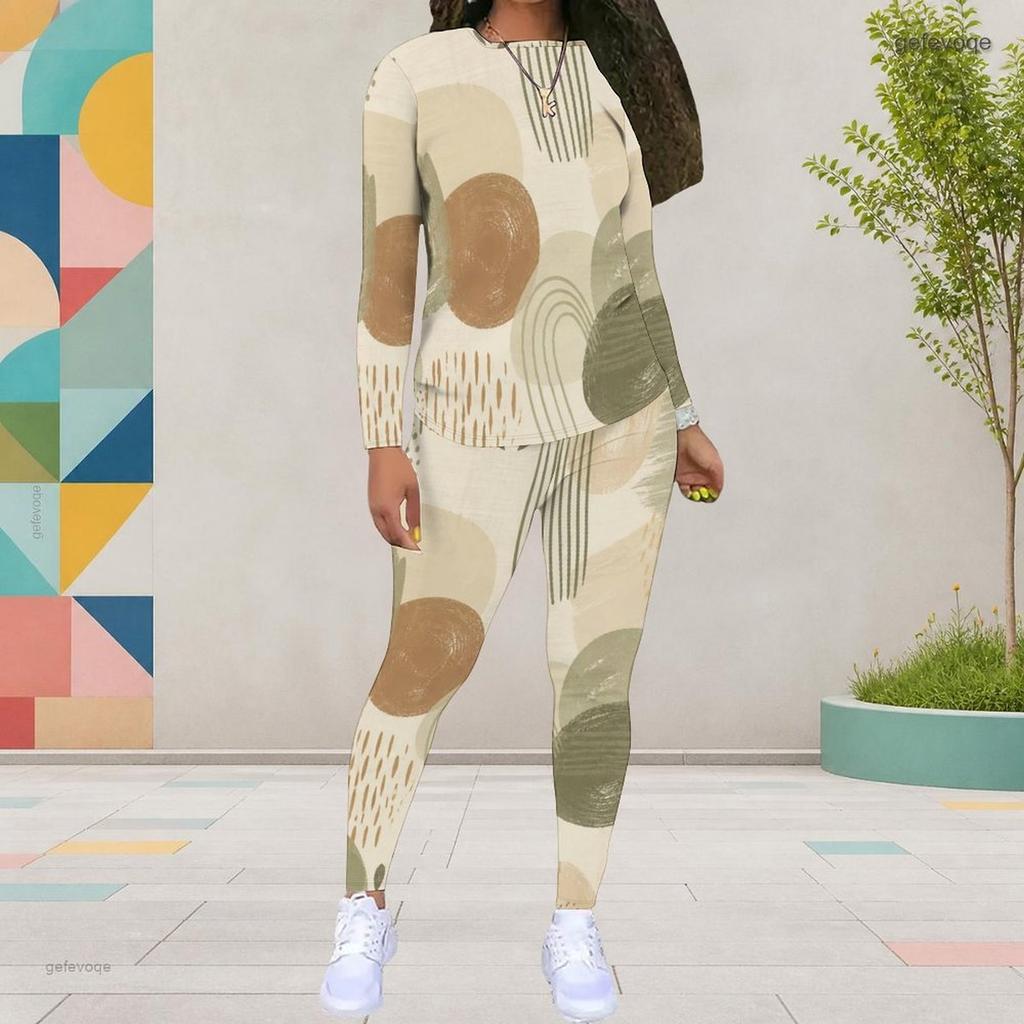 Women Plus Size Black Burgundy Printed Two Piece Set Round Neck Long Sleeve Top And Fitted Pants