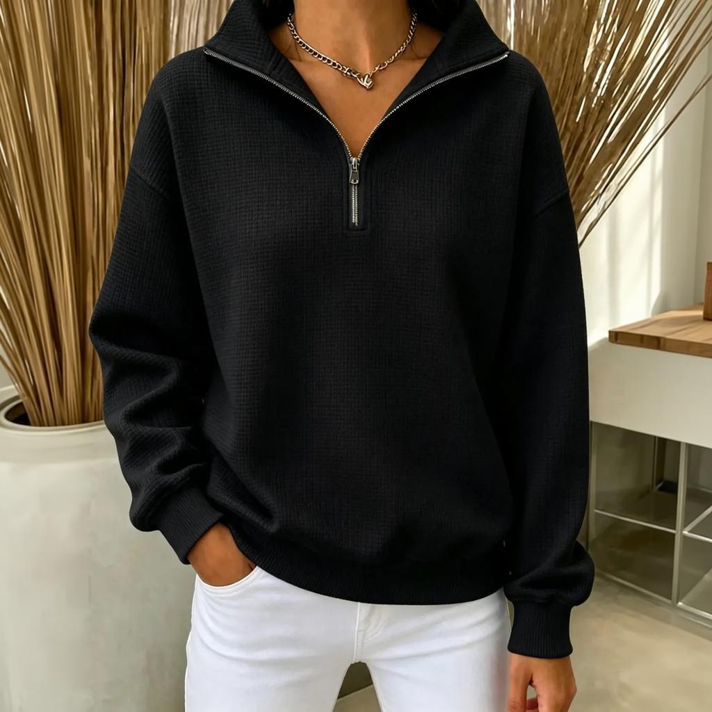 Women's Long Sleeve Zip-Up Sweatshirt with Stand Collar, Knit, Color, Loose Fit