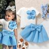 Summer Cute Girls' Outfit for Young Children with 3D Flowers, Short Sleeve Top and Bowknot Puffy Skirt