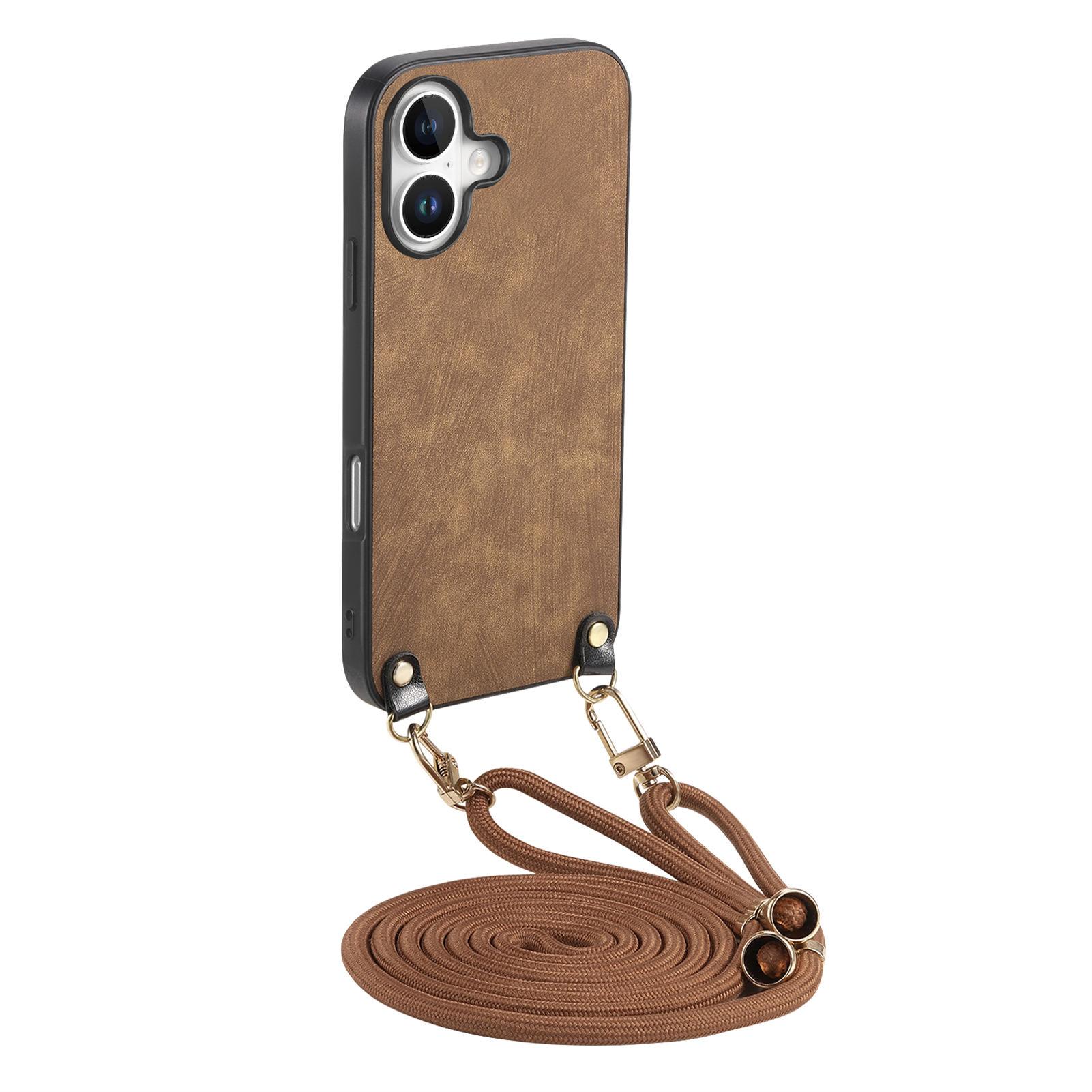 

For iPhone 16 Plus Case Retro Texture Leather Coated PC+TPU Phone Cover with Hanging Rope Brown