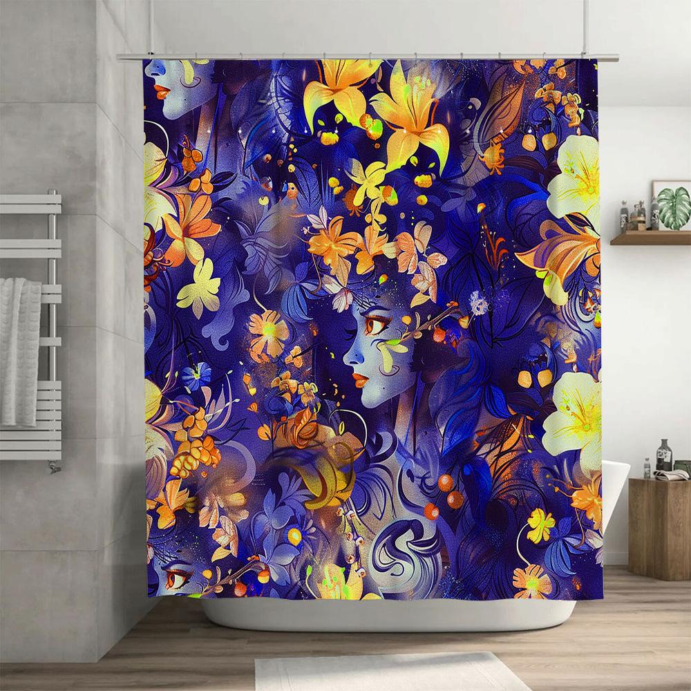 Blue Floral Shower Curtain with Woman's Face Bath Decor for Bathroom 3D Printed Waterproof Custom Size Available (180x240cm)