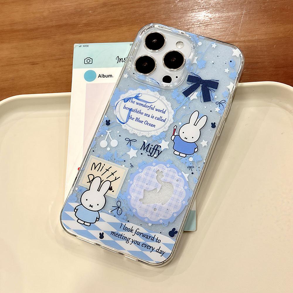 Applicable To Apple 16pro Cute Miffy 13 Cartoon Mobile Phone Case Large Hole Transparent Iphone15 Glitter Protective Case
