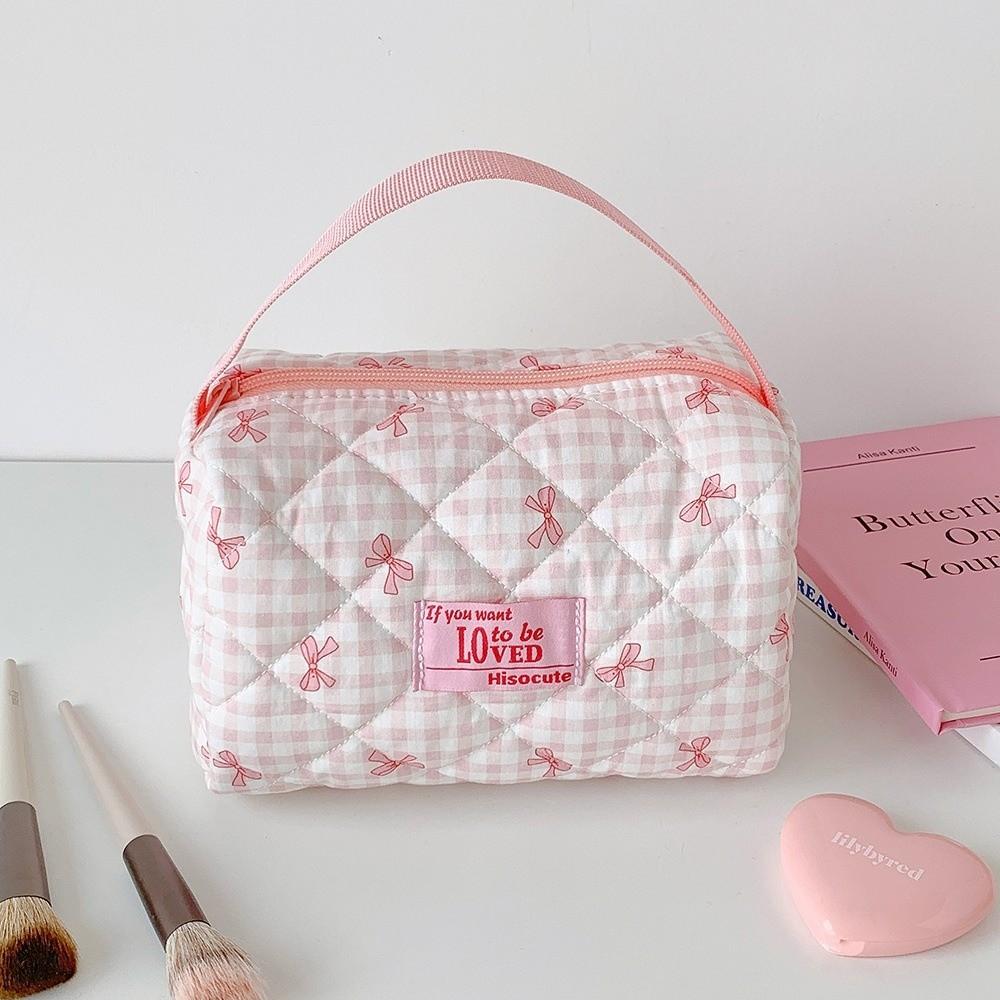 Quilted Pen Pouch Grid Pattern Handheld Makeup Bag Multi-functional Bowknot Pen Bag Travel