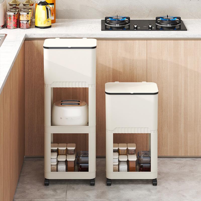 Multi-Layer Kitchen Trash Can & Snack Storage Rack with Lid & Wheels
