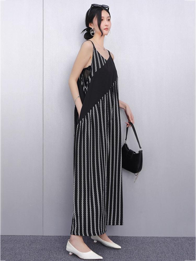 Xitao Patchwork-Streifen Weitbein-Jumpsuit GYX1555