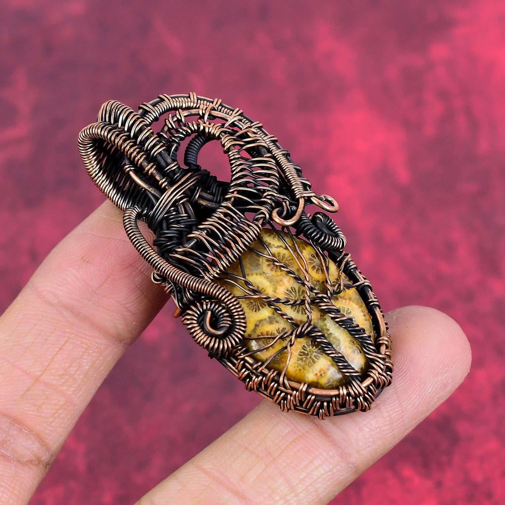 Tree of Life Fossil Coral Pendant Copper Wire Wrapped Handmade Pendant Wire Weaving Jewelry Gemstone Pendant Copper Jewelry Engagement Gifts