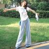 Petite Women's Blue Plaid High Waist Elastic Summer Pants - Yamamoto Drape Casual Straight Wide Leg 