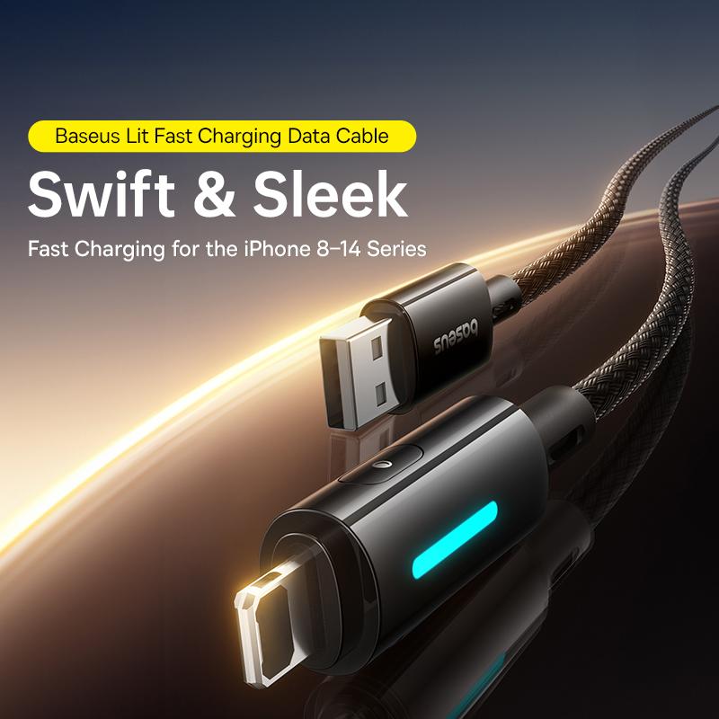 BASEUS Lit 2m USB To iP 2.4A Fast Charging Cable Data Cord with Dynamic Flowing Light