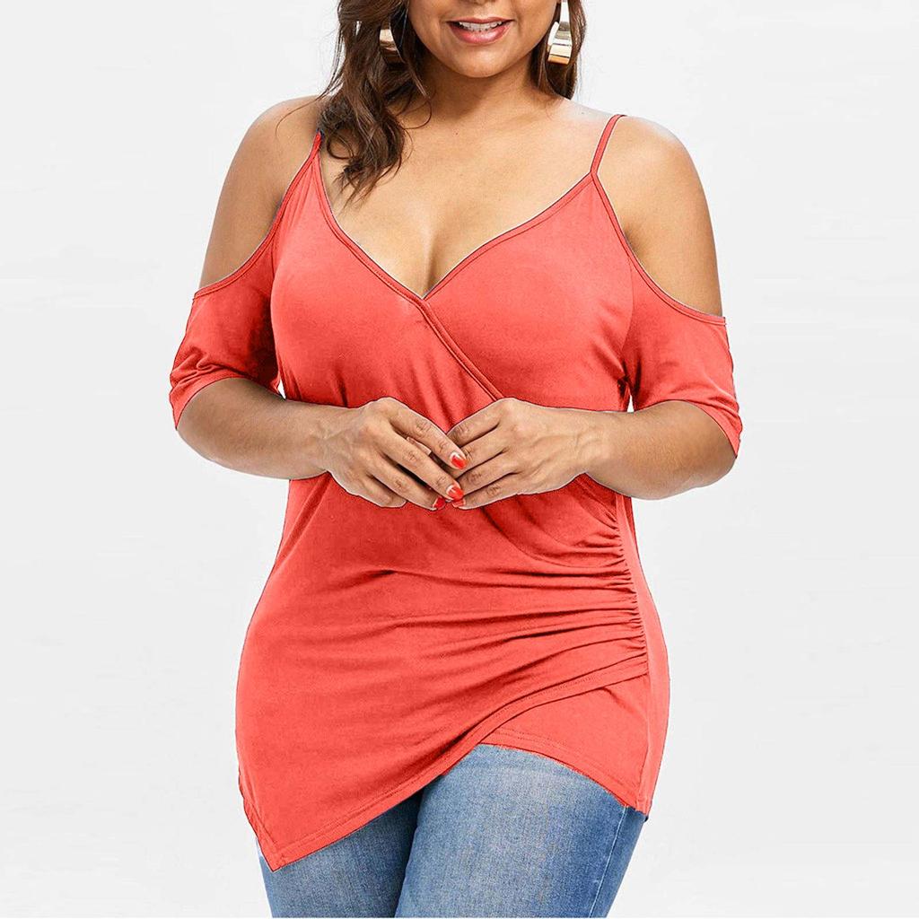 Fashion Womens Plus Size Cutout Asymmetric Cold Shoulder T-shirt V-Neck Tops