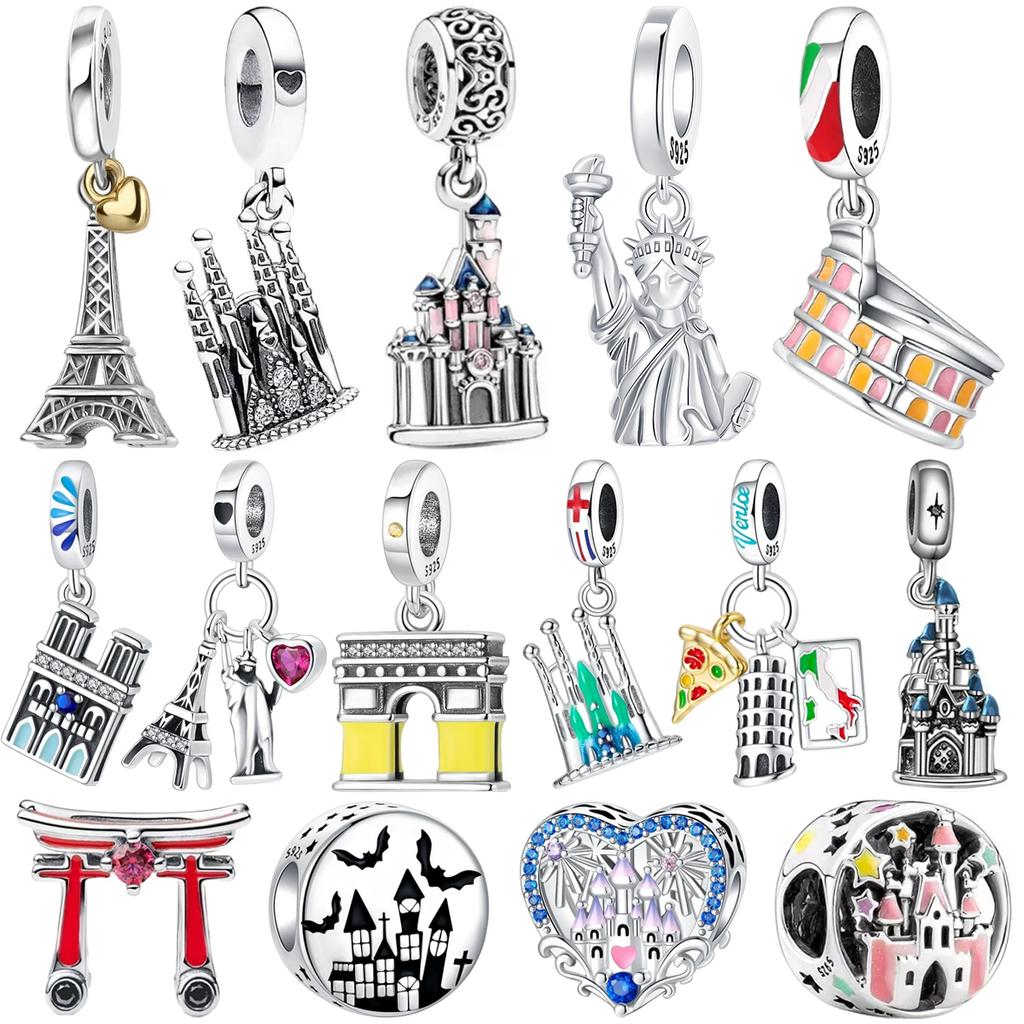 Landmark Building Charms 925 Silver Eiffel Tower Statue of Liberty Beads Keychain Metal Bracelet DIY Fine Jewelry Gift