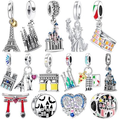 Landmark Building Charms 925  Silver Eiffel Tower Statue of Liberty Beads Keychain Metal Bracelet DIY Fine Jewelry Gift
