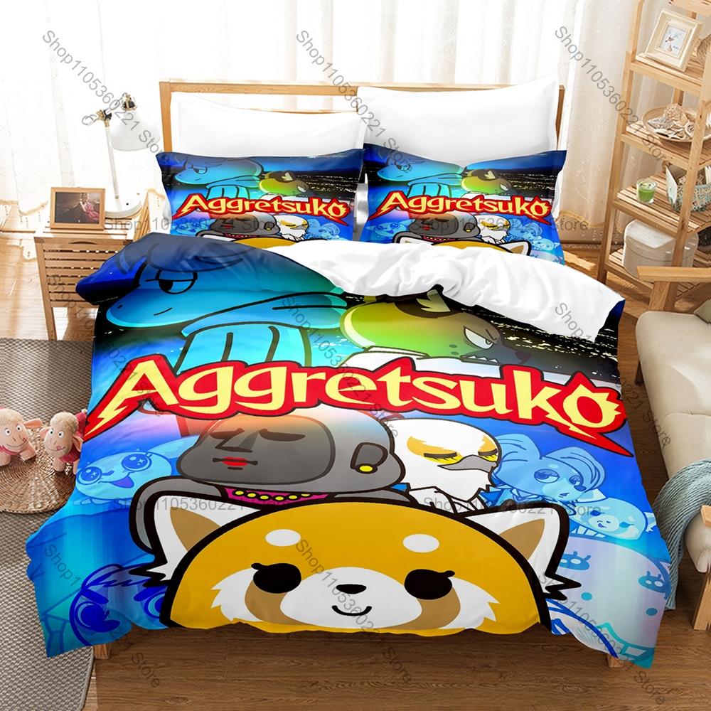 Personality Aggretsuko Anime Bedding Set New Soft Duvet Cover Pillowcases Cute Red Panda Print Bed Set for Kids Adults Bedroom D