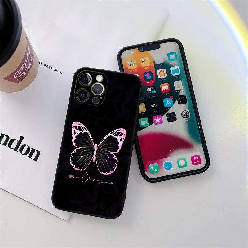 Butterfly Love Black Phone Case for iPhone 11 15 16 Pro Max Case Coque 14 Plus 13 Pro 12 11 XS 16 8 SE 2020 15Pro TPU Soft Cover