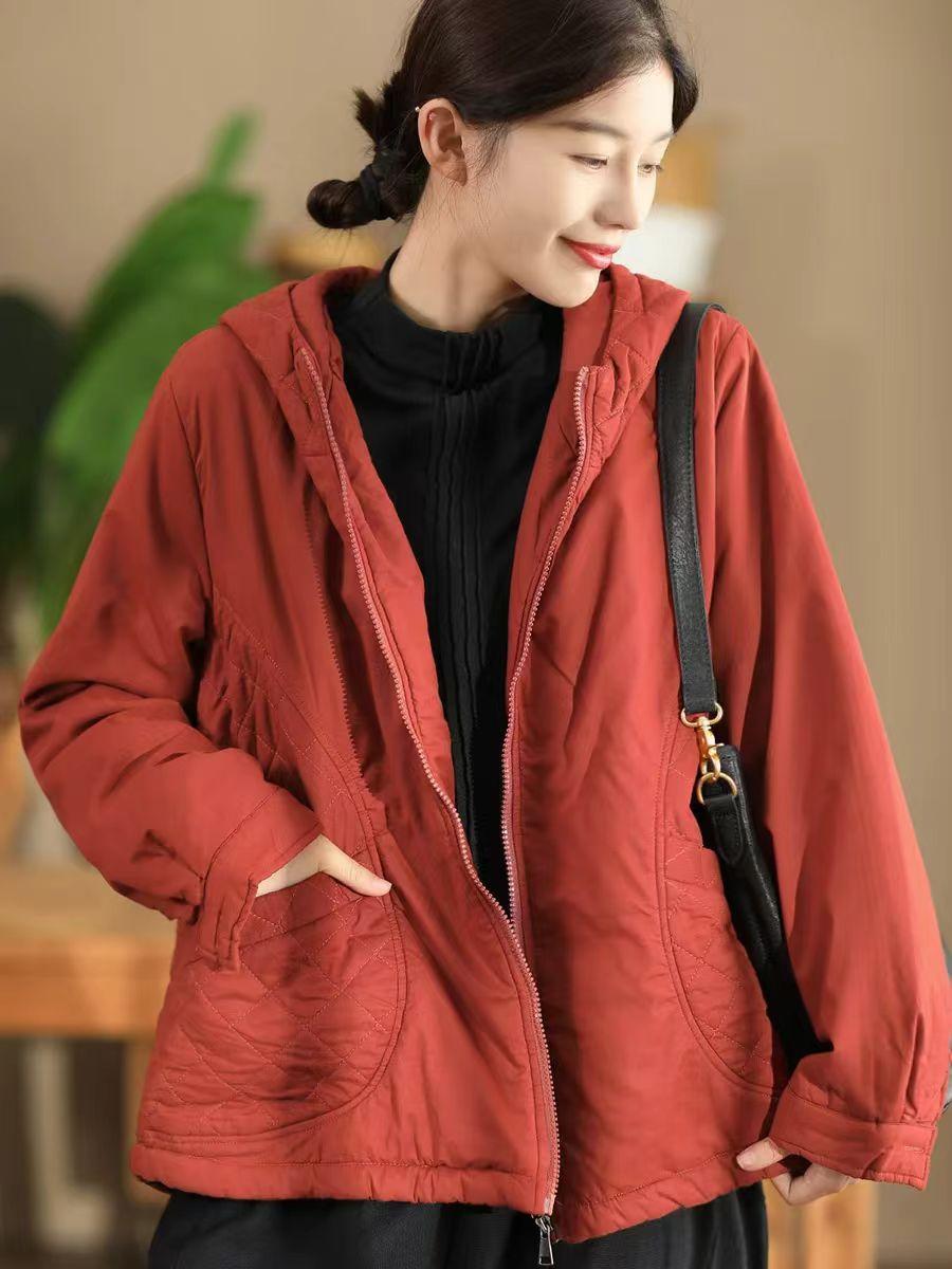 

Johnature Women Vintage Hooded Jackets Zipper Solid Color Winter NPatchwork Pockets Casual Warm Jackets Coat One Size червоний