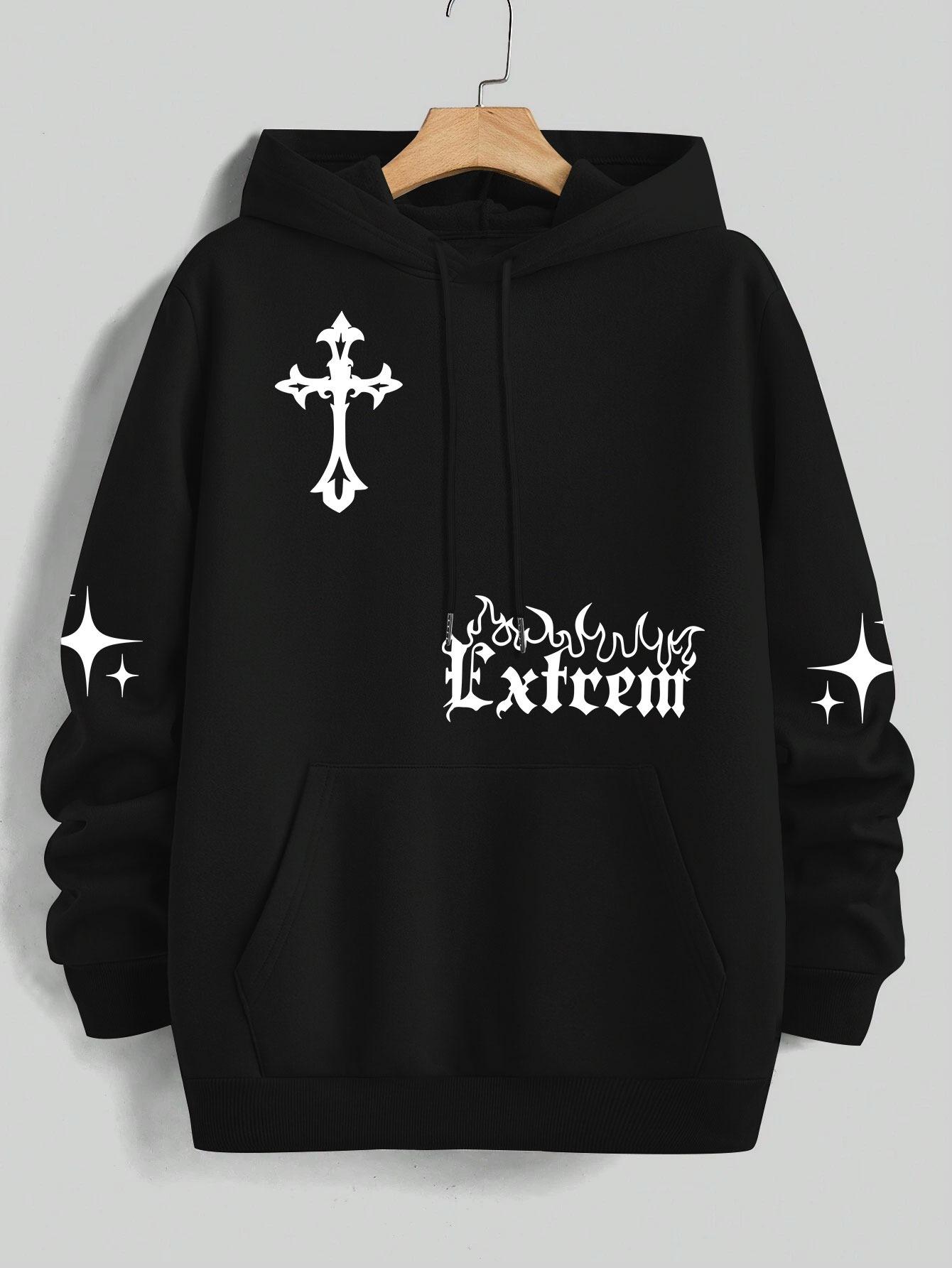 

Navy Blue Cross & Star Printed Hoodie with Pouch Pocket & Drawstring Cotton Casual Streetwear for Men/Women 3XL