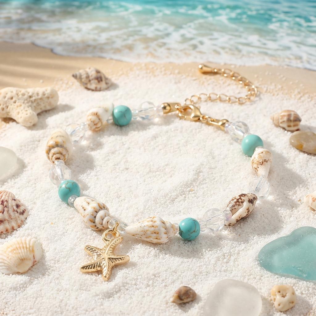 Braccialetto Bohémien con Conchiglie Cowrie, Ciondoli Carini a Stella Marina, Perline Blu, Elastico per Polso da Donna, Gioielli per Vacanze Estive al Mare