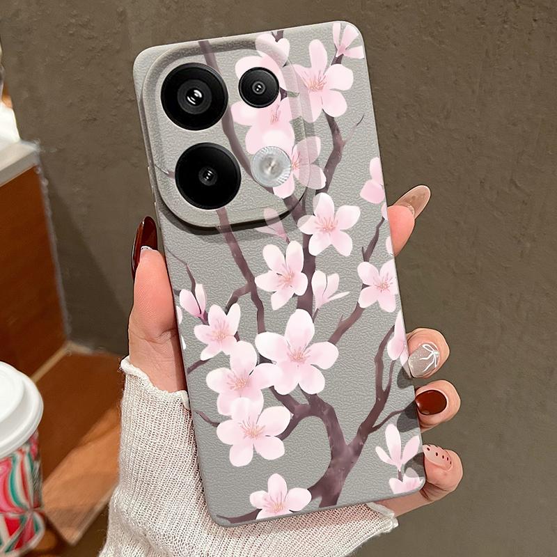 Hand-drawn Style Sakura Pattern Case For Xiaomi 14T 13T 11T Pro Funda Redmi Note 14 13 Pro 5G 12 11 Leather Texture Silicone Cover