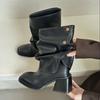 Fashion Fashion Metal Ladies Ankle Boots With 6cm Heels Shoes Square Toe Women Short Western Boots Slip On Shoes Female Pumps Lady