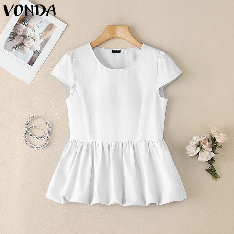 

VONDA Летняя женская блузка с коротким рукавом и круглым вырезом, однотонная, с оборками, повседневная S белый