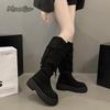 Fashion Thick Bottom Women's Knee-High Long Boots Autumn Winter Pleated Fringe Black Boots 2025 New Fashion Botas Mujer Size 35 40