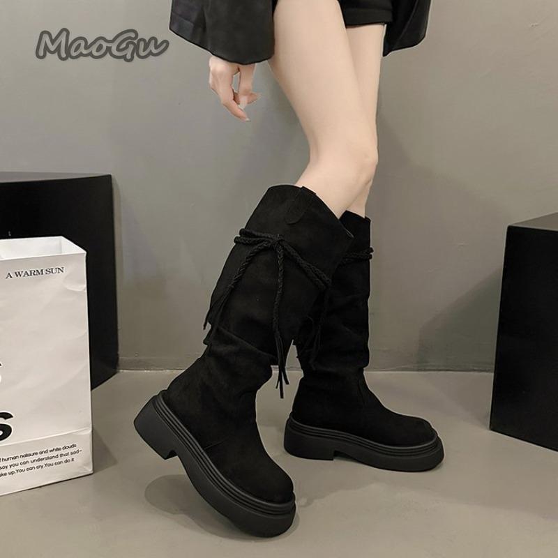 Fashion Thick Bottom Women's Knee-High Long Boots Autumn Winter Pleated Fringe Black Boots 2025 New Fashion Botas Mujer Size 35 40