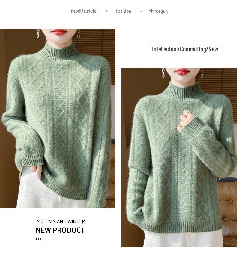 Women's High-Neck Diamond Pattern Knit Pullover Sweater, 2024 Autumn/Winter, Loose Fit, Thickened Short Base Layer