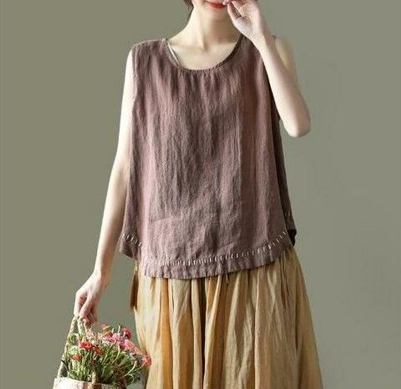 

Хлопково-льняная футболка без рукавов с вышивкой большого размера - Женский повседневный летний топ XXL