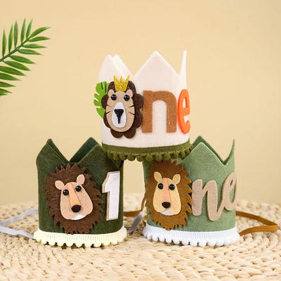Jungle Safari Animal Lion One 1 Year Birthday Crown Headband Hat Happy Birthday Party Decor Kids Baby Shower 1st Birthday Party