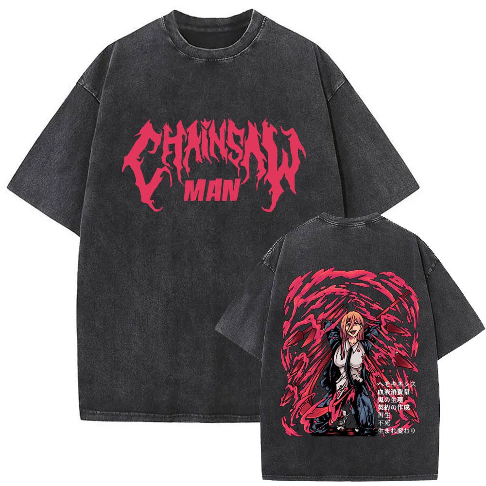 New Summer Chainsaw Man High Quality TShirt Men and Women Cotton Vintage Washed Print Retro Streetwear Family Matching Top
