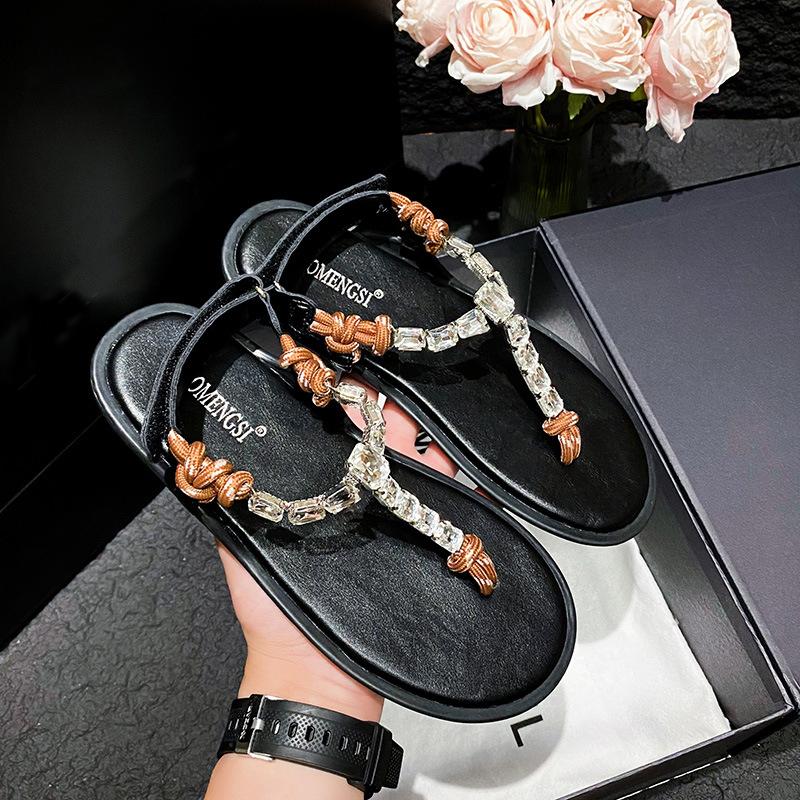 Fashion crystal band flat sandals women T-strap gladiator sandalias summer shoes rhinestone beading thong sandalias mujer big size 43