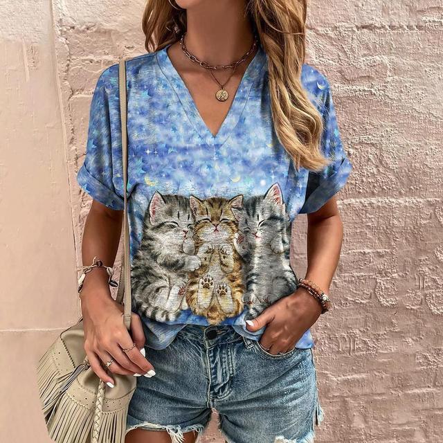 

Женская футболка с милым котом, футболка с v-образным вырезом и короткими рукавами, уличная одежда, женская одежда, топы с графикой, повседневный пуловер для девочек 8XL