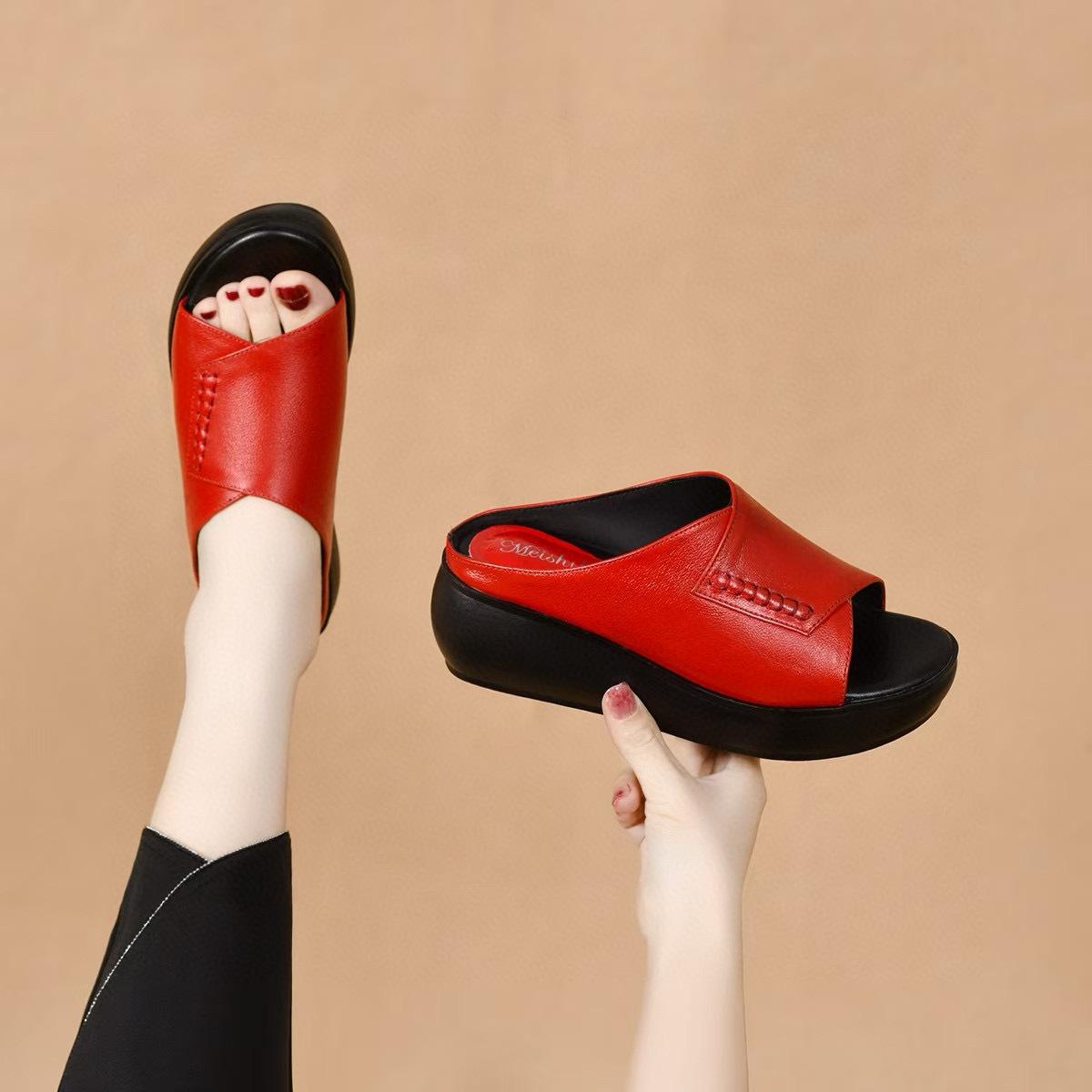 

Тапочки на толстой подошве для женщин, летние туфли-маффины с открытым носком и сандалии, первый слой коровьей кожи, ленивые шлепанцы 39 красный